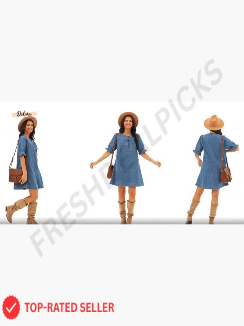 Denim Babydoll Dress with Ruffle Short Sleeves Casual Button Front Mini Dress - Picture 7 of 7